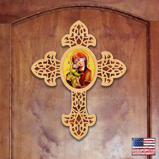 Vladimir Virgin Mary Pointy Wooden Cross by Museum Icons - Inspirational Icon Decor - 88311