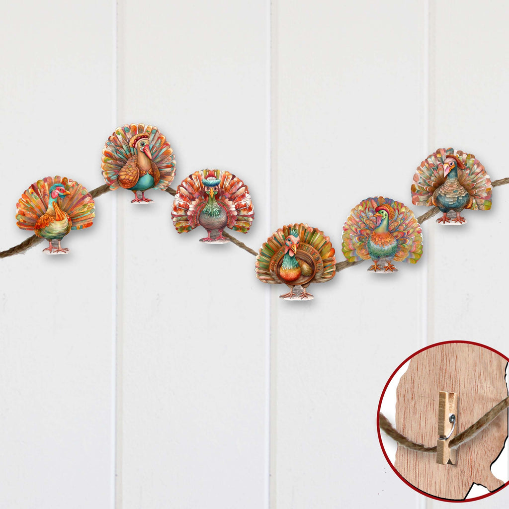 Turkey Clip-On Eco Wood Decorative Ornaments Set of 6 by G. Debrekht - Thanksgiving Decor - 8090027C-S6