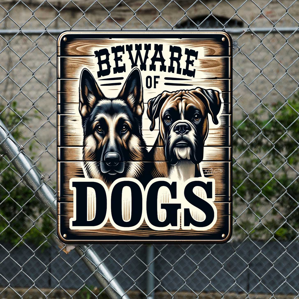 a sign with a warning about dogs, featuring two dogs - a German Shepherd and a Boxer - on a wooden background.