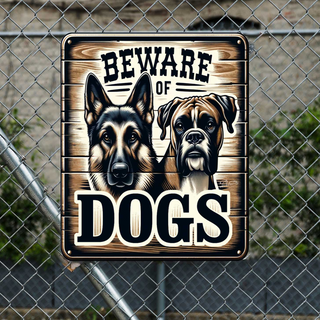 a sign with a warning about dogs, featuring two dogs - a German Shepherd and a Boxer - on a wooden background.