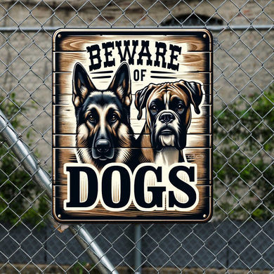 a sign with a warning about dogs, featuring two dogs - a German Shepherd and a Boxer - on a wooden background.