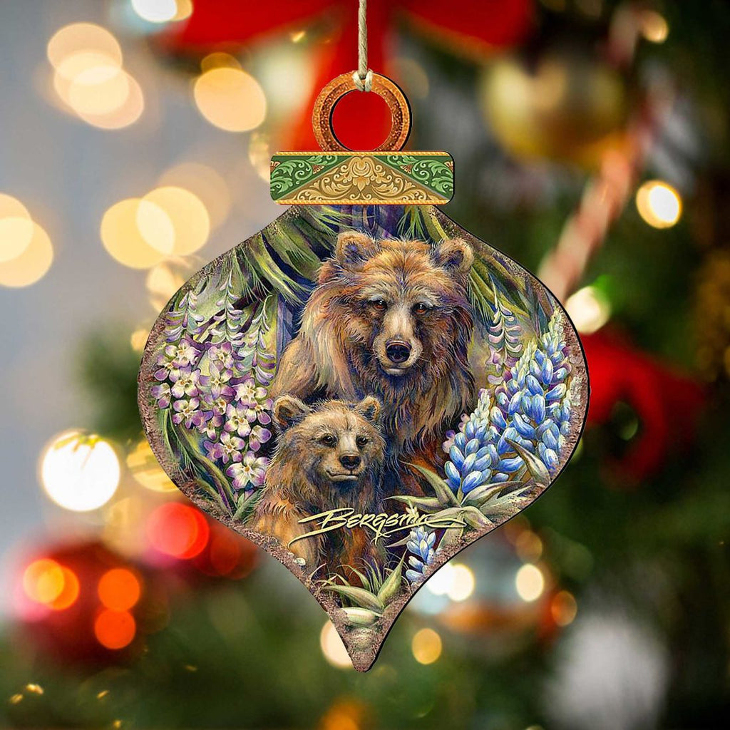 Grin Bear it Grizzly Mother Cub Wooden Ornaments by J. Bergsma - Wildlife Holiday Decor - 8591947-JB