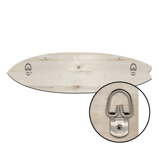 a wooden surfboard mounted on a wall, with a metal hook attached to it.