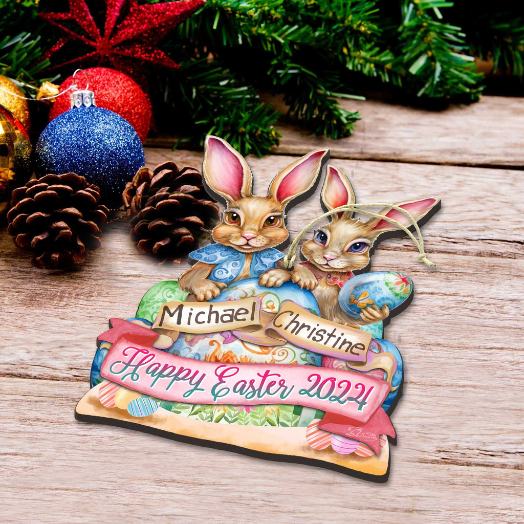 Personalized Easter Ornaments, Personalized Gift, Easter Basket Tag - Happy Easter Bunnies Wooden Ornaments by G. Debrekht Easter Spring Decor - 8652782P-24