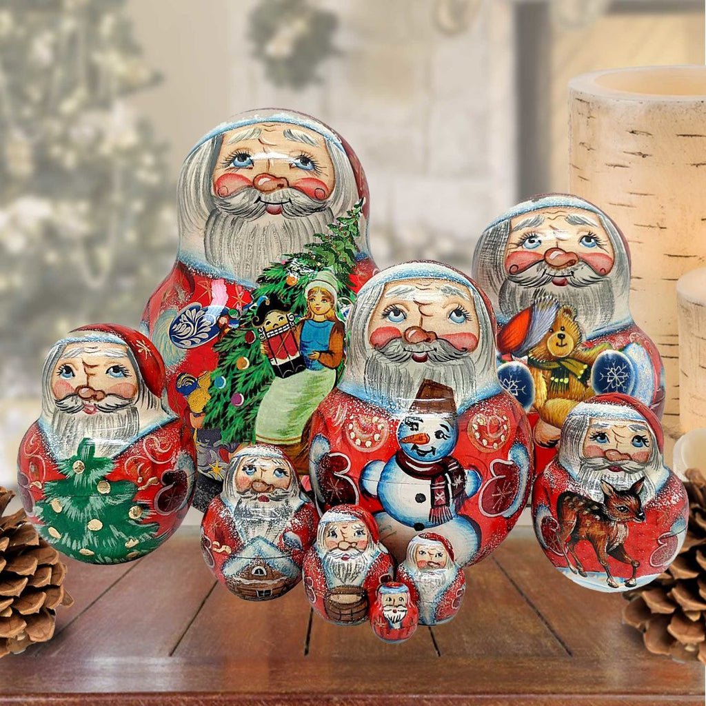 Santa Gifting Matreshka Nesting Hand-Painted Doll Set of 10 by G. DeBrekht - Christmas Santa Snowman Decor - 120025