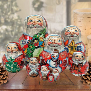 Santa Gifting Matreshka Nesting Hand-Painted Doll Set of 10 by G. DeBrekht - Christmas Santa Snowman Decor - 120025