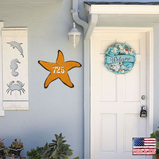 Orange Starfish Sports Car Personalized House Number Sign by G. Debrekht - Coastal Sea-Life Decor - Handcrafted Wooden Handcrafted Wooden Address Sign - MA985312