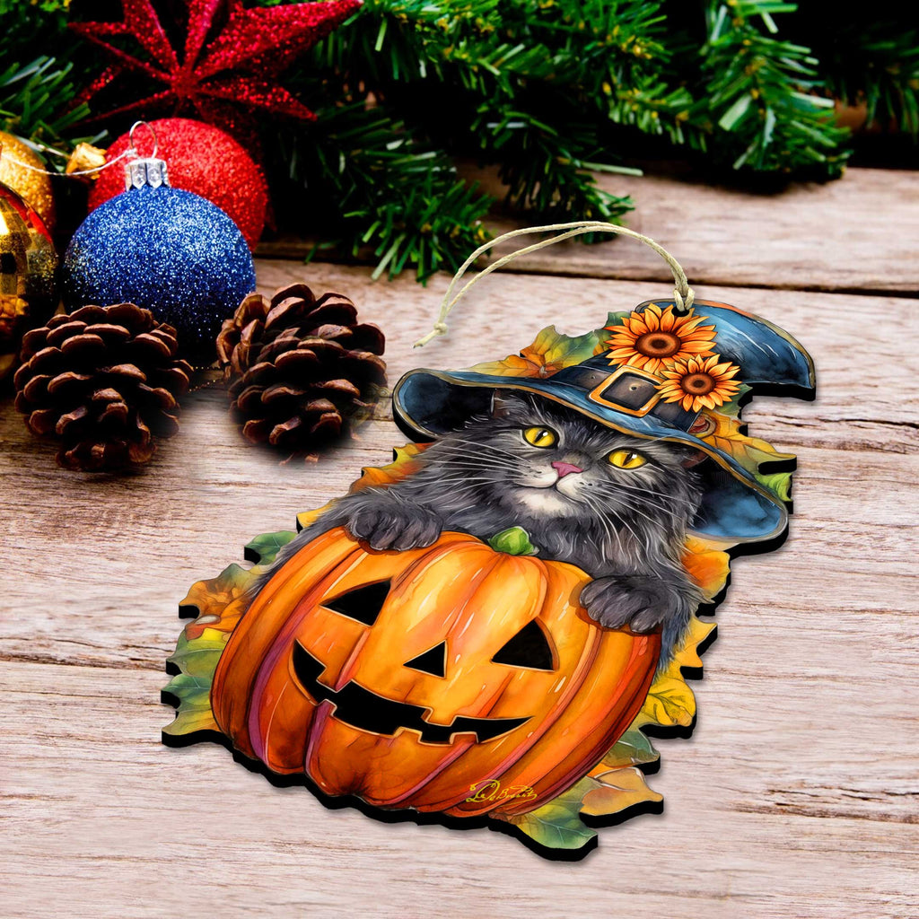 Black Cat Pumpkin Wooden Ornaments by G. Debrekht Halloween Decor - 8652794