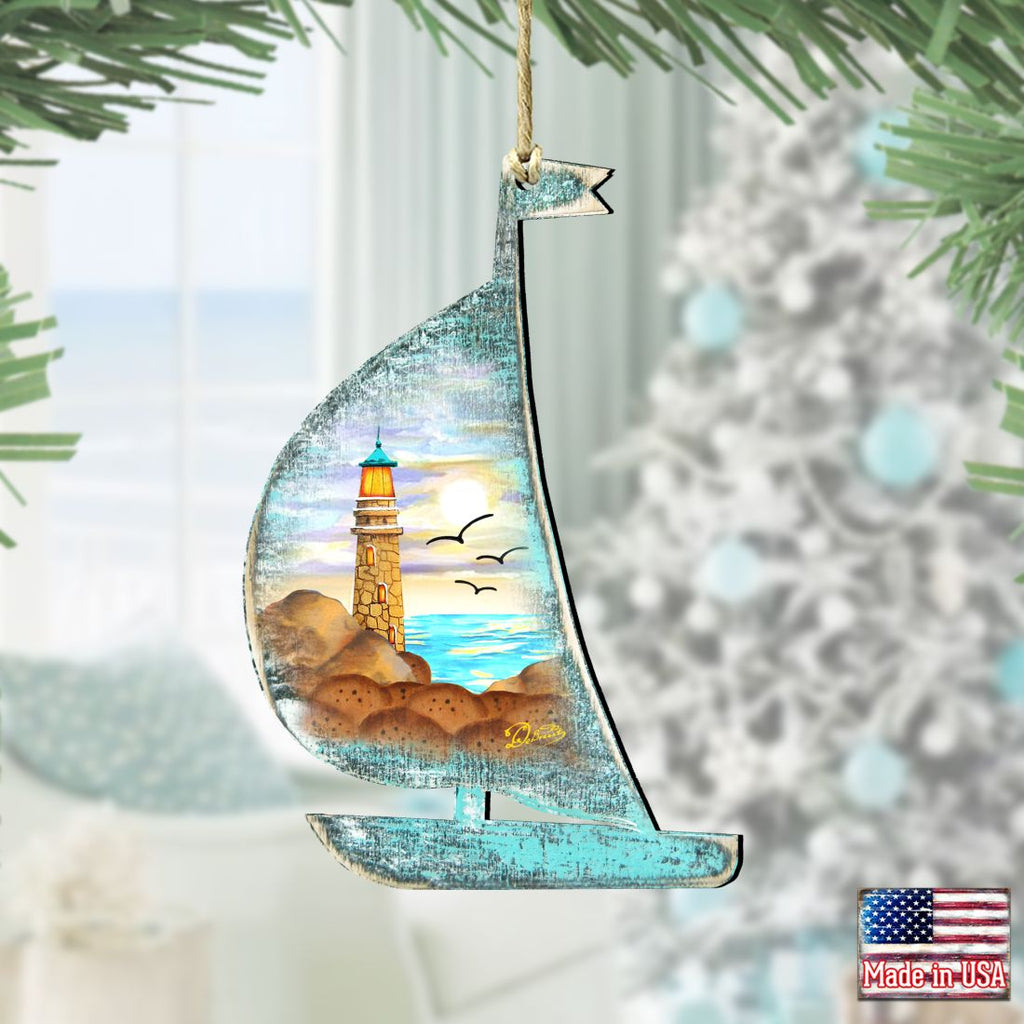 Lighthouse Boat Wooden Ornaments by G. DeBrekht - Coastal Holiday Decor - 8198524