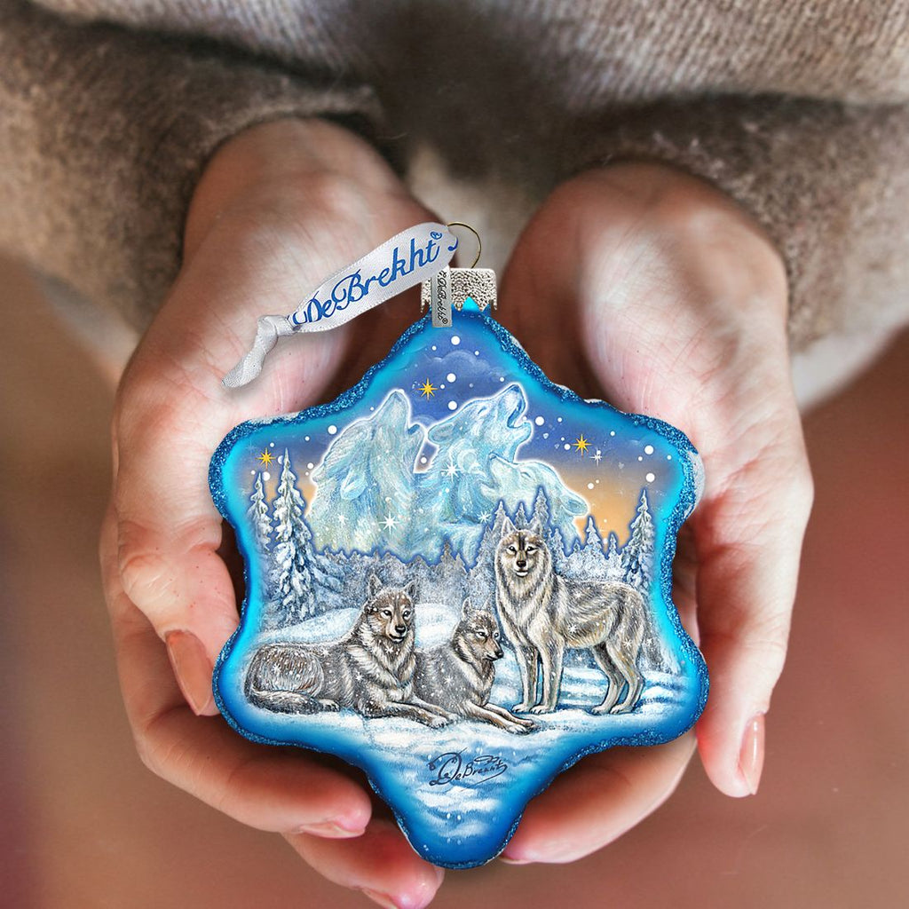 Winter Wolves Snowflake Glass Ornament by G. DeBrekht - Wildlife Holiday Decor - 754-012