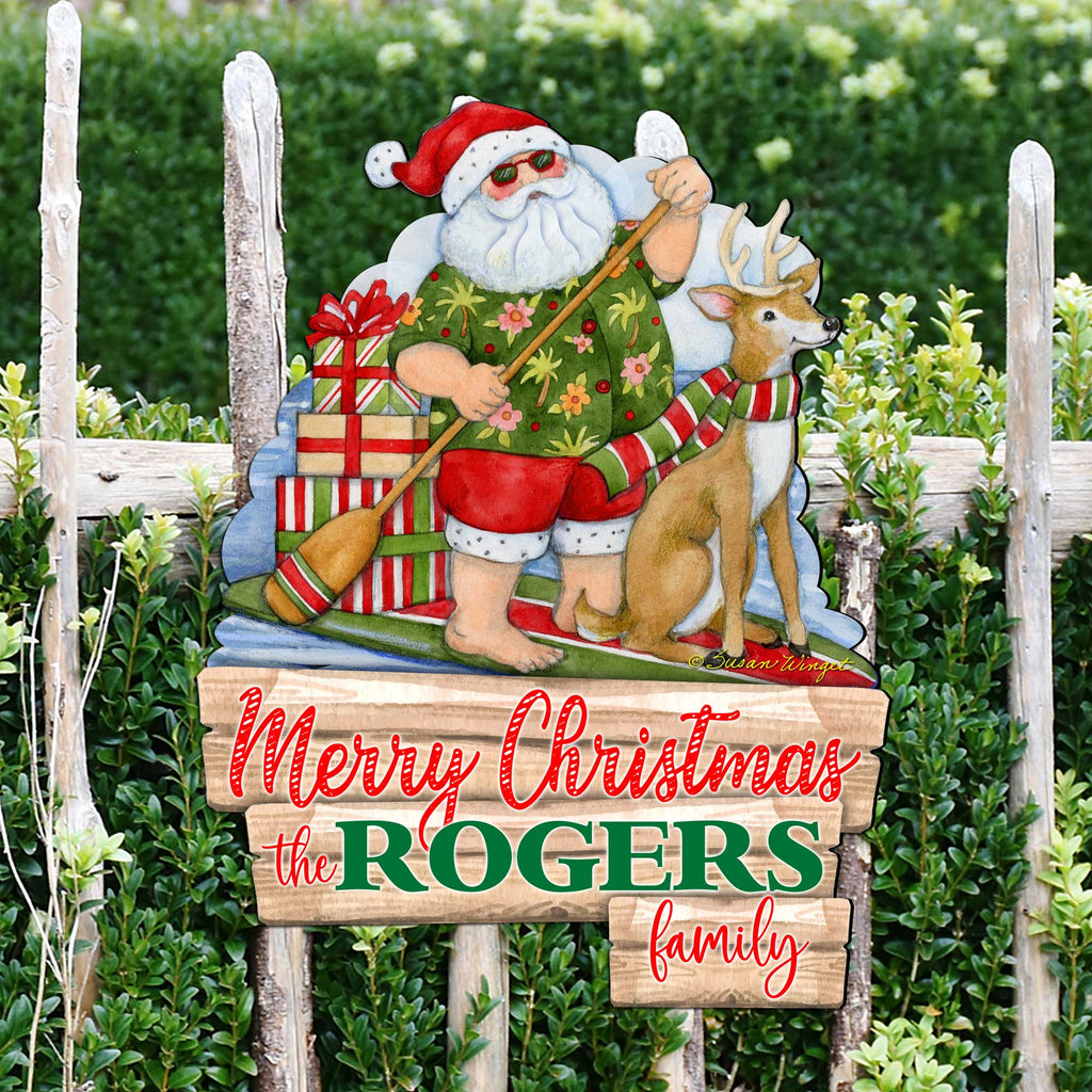 Christmas Decoration Personalized Holiday Welcome Sign with Last Name Santa Door Hanger by Susan Winget - Handmade Gift - 8471114HC-SW