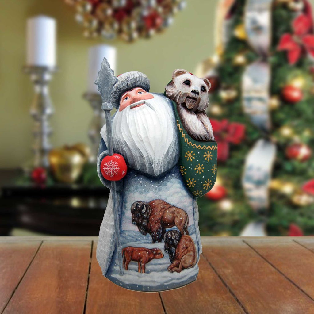 Bison's Family Santa with Bear Hand-Painted WOODCARVED Figurine by G. DeBrekht - Wildlife Holiday Decor - 2821710 *** PRE-ORDER - Handmade Just for You! ***