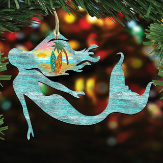 A silhouette of a mermaid with a surfboard in her mouth, surrounded by a blurred background of colorful lights and greenery.
