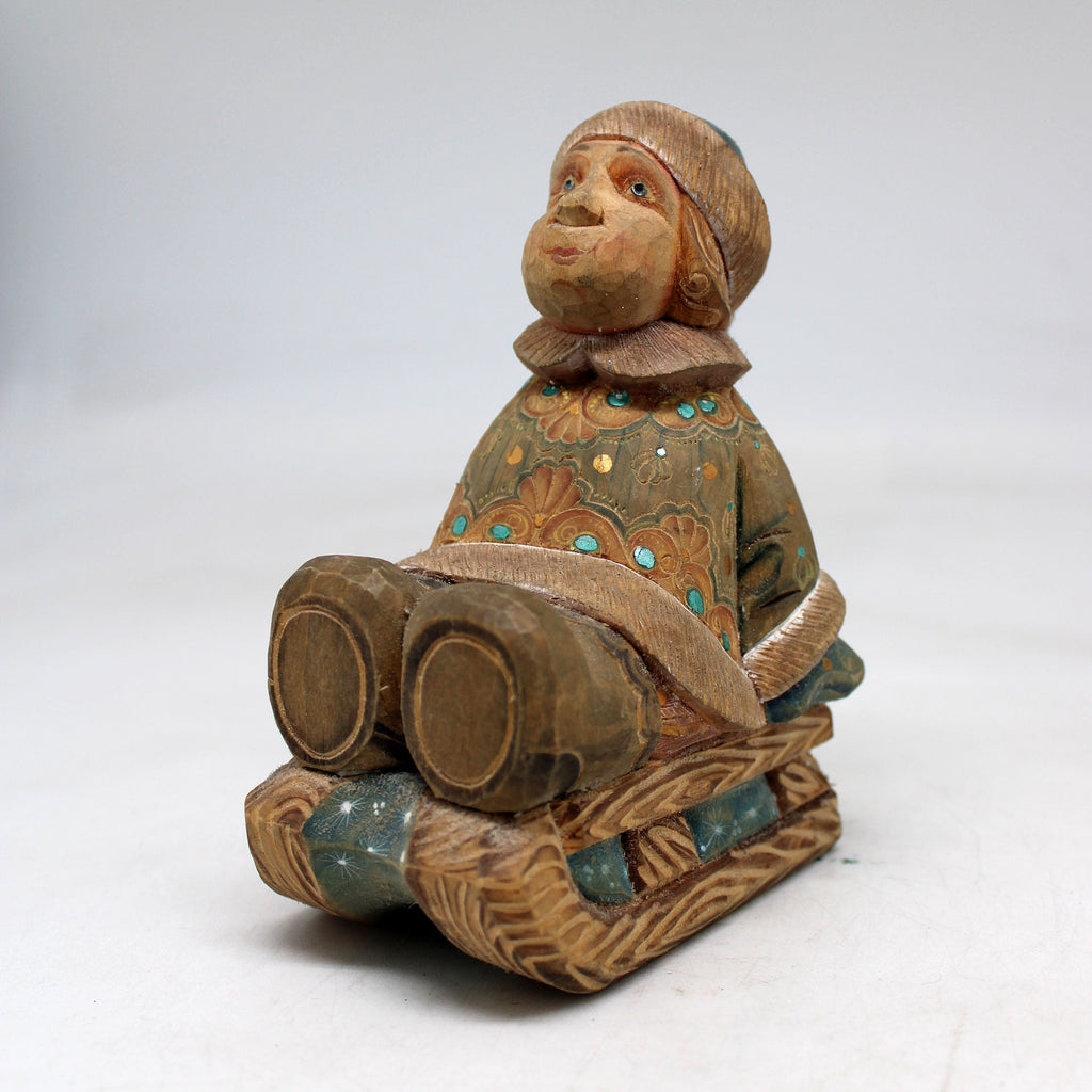 Unique One-of-a-Kind Boy on Sleigh WOODCARVED Figurine 5x35x25 by G. Debrekht Handcrafted and Hand-Painted Collectible