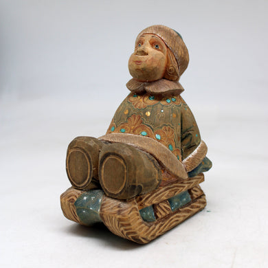 Unique One-of-a-Kind Boy on Sleigh WOODCARVED Figurine 5x35x25 by G. Debrekht Handcrafted and Hand-Painted Collectible