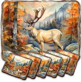 A watercolor painting depicting a majestic deer standing in a forest with autumnal trees in the background.