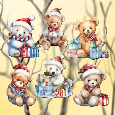 Christmas Teddy Bear Clip-On Eco Wood Decorative Ornaments Set of 6 by G. Debrekht - Christmas Decor - 8090011C-S6