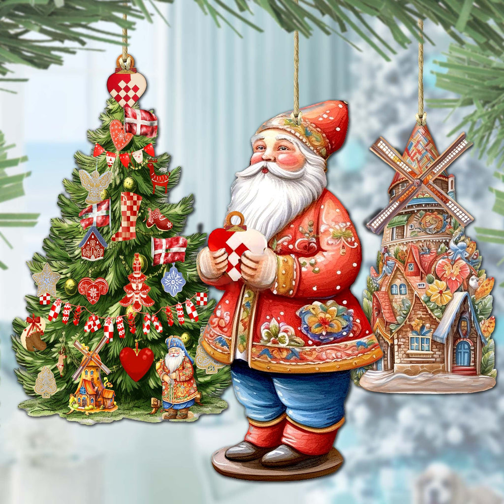 Santas Around the World - Danish Inspired Santa - Eco Wood Ornaments Set of 3 by G. DeBrekht Christmas Santa Snowman Decor - 8091302S3