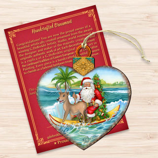 Wooden Christmas Ornaments - Surfing Santa Heart Wooden Ornaments by G.Debrekht - Coastal Holiday Decor - 8688174