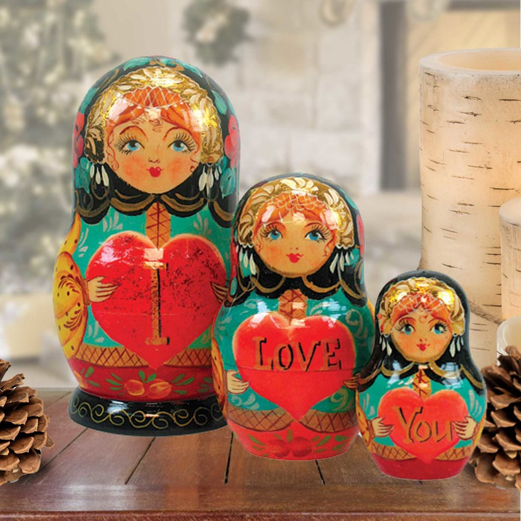 I Love You Matreshka Nesting Hand-Painted Doll Set of 3 by G. DeBrekht - Love Family Kids Decor - 147010