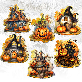 Spooky Houses Clip-On Eco Wood Decorative Ornaments Set of 6 by G. Debrekht - Halloween Decor - 8090007C-S6