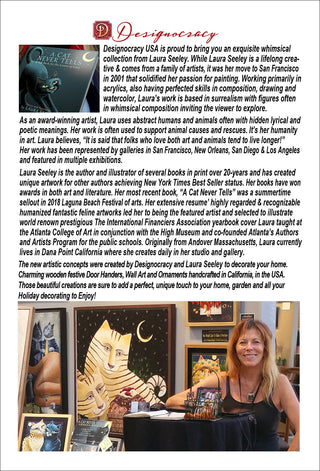 The image is a photograph of a person, likely a woman, with a caption describing her as a designer and her work in various mediums, including painting, sculpture, and mixed media.