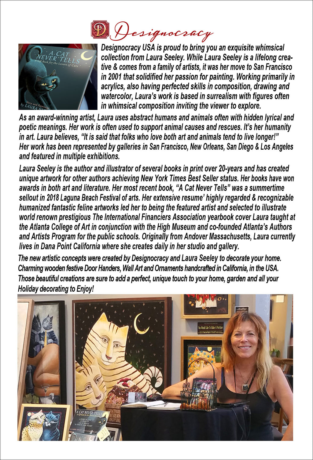 The image is a photograph of a person, likely a woman, with a caption describing her as a designer and her work in various mediums, including painting, sculpture, and mixed media.