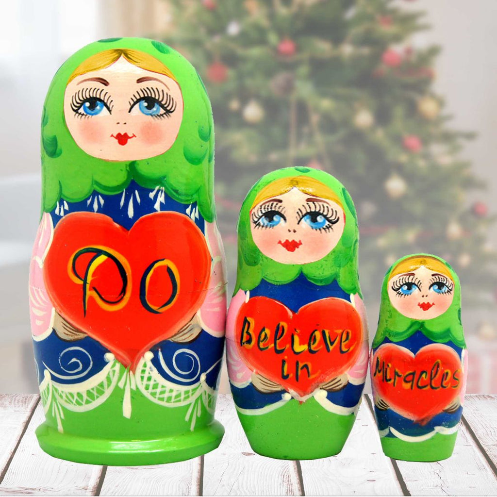 Do Believe in Miracles Matreshka Nesting Hand-Painted Doll Set of 3 by G. DeBrekht - Love Family Kids Decor - 14708