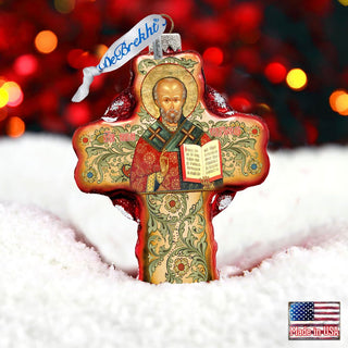 Saint Nicholas Icon Cross Glass Ornament by G. DeBrekht - Nativity Holiday Decor - 758-004