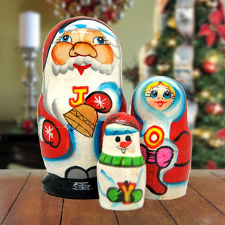 Joy Santa Family Matreshka Nesting Hand-Painted Dolls Set of 3 by G. DeBrekht - Christmas Santa Snowman Decor - 110153