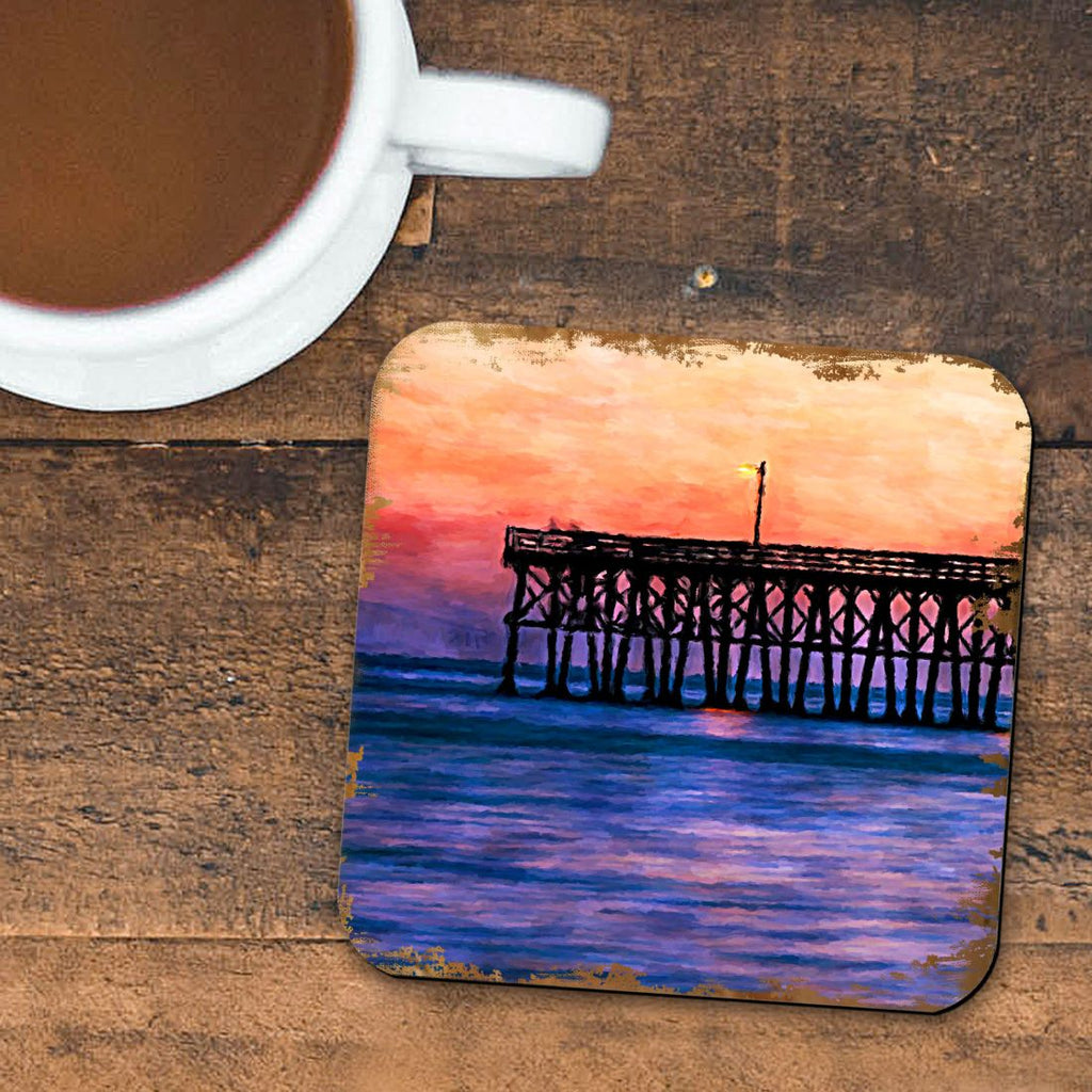 Pier at Sunset Coastal Wooden Cork Coasters Gift Set of 4 by Nature Wonders - Coastal Sea-Life Decor - 95359C-S4