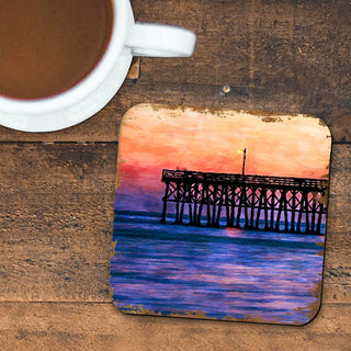Pier at Sunset Coastal Wooden Cork Coasters Gift Set of 4 by Nature Wonders - Coastal Sea-Life Decor - 95359C-S4