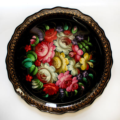 Unique Zhostovo Floral Hand-Painted Metal Tray - 17x17 One-of-a-Kind Work of Art by G. Debrekht - Handcrafted Kitchen Decor and Gift Functional Kitchenware Table and Unique Wall Decor