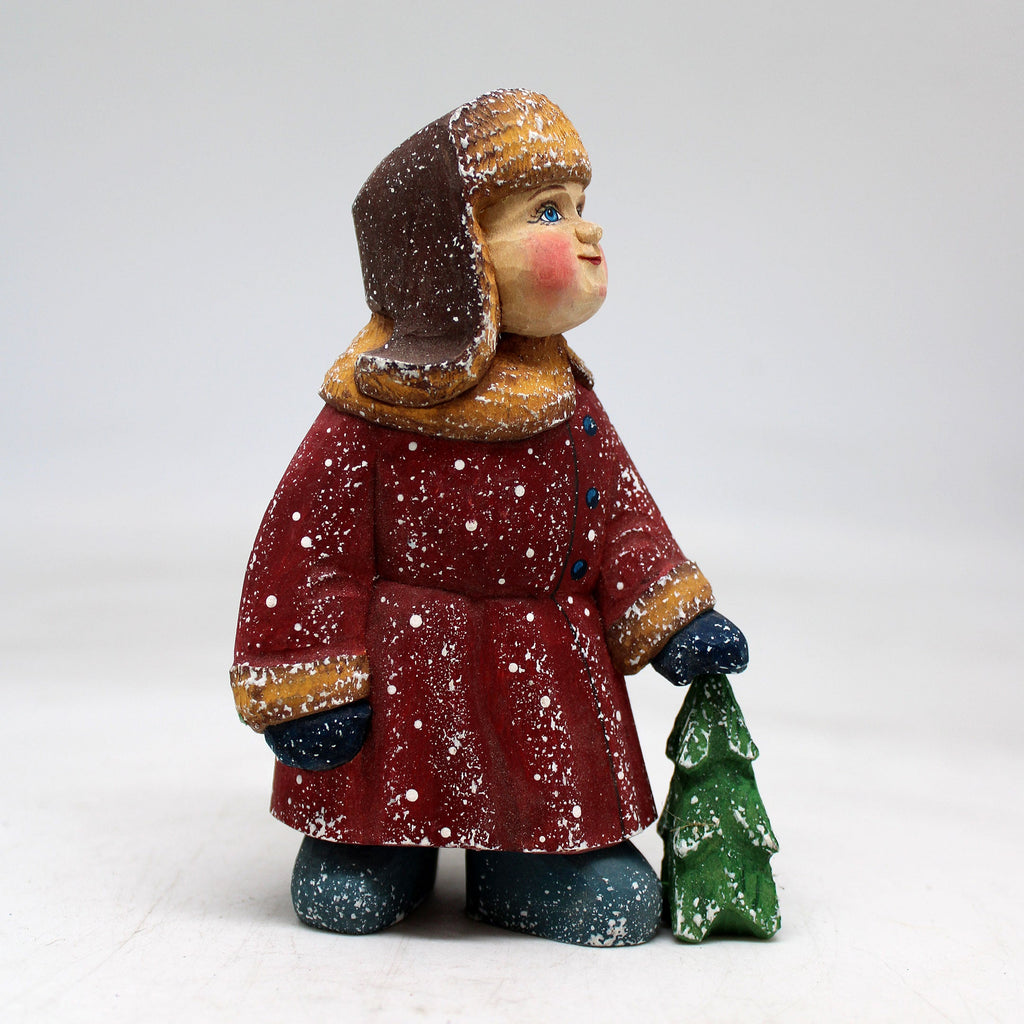 One-of-a-Kind Boy with Christmas Tree WOODCARVED Figurine 5x3x2 inches by G. Debrekht - Unique Handcrafted and Hand-Painted Collectible