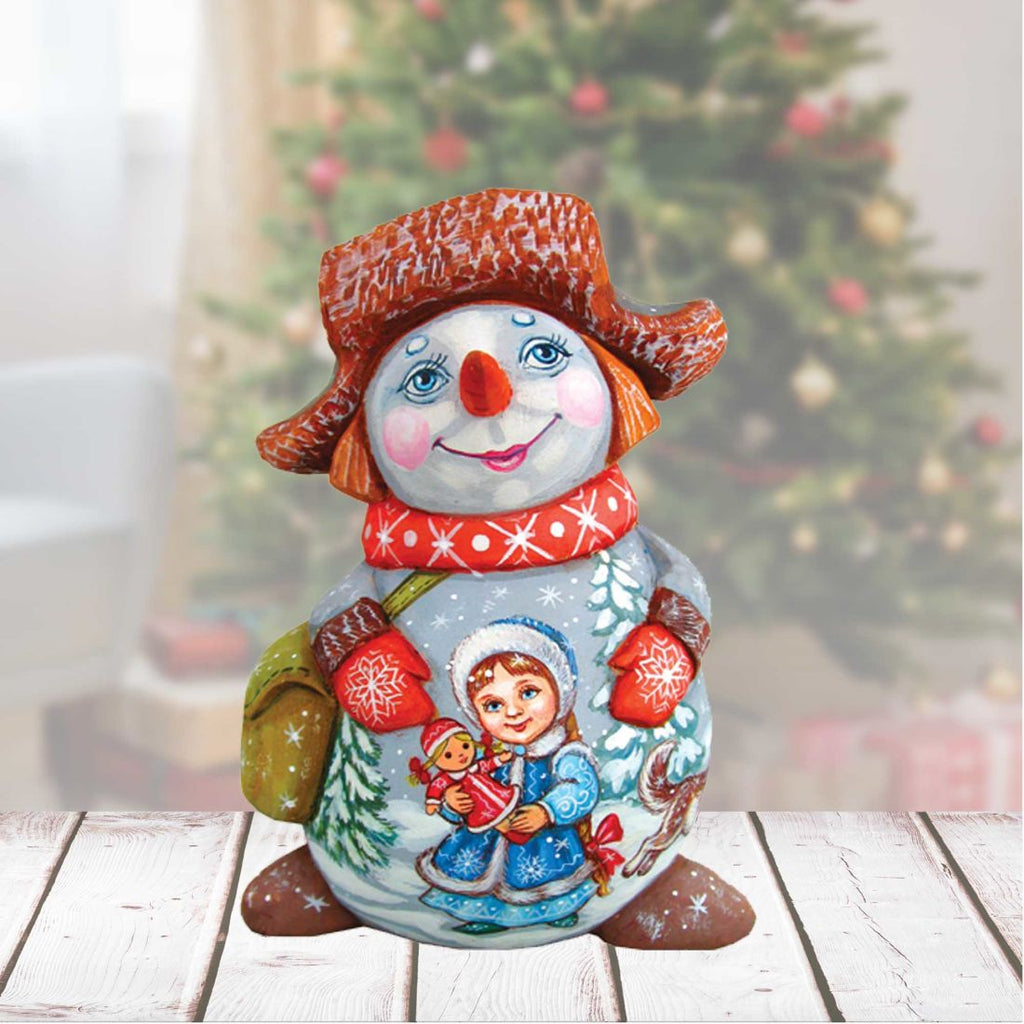 Boy with Girl and Dog Snow Boy Hand-Painted WOODCARVED Figurine by G. DeBrekht - Christmas Santa Snowman Decor - 8215894