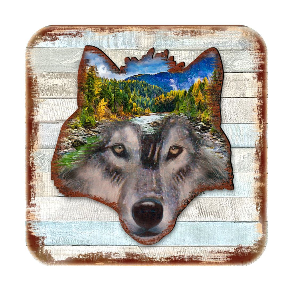 Wolf Face Wooden Cork Coasters Gift Set of 4 by Nature Wonders - Nature Wildlife Decor - 8198227-4-9C-S4