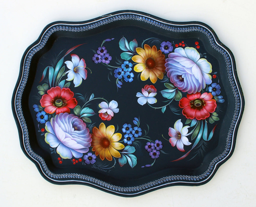 Authentic One-of-a-Kind Zhostovo Metal Tray Hand-Painted by Tatiana Sholohova 18 x 15 - Functional Kitchenware Table and Unique Wall Decor