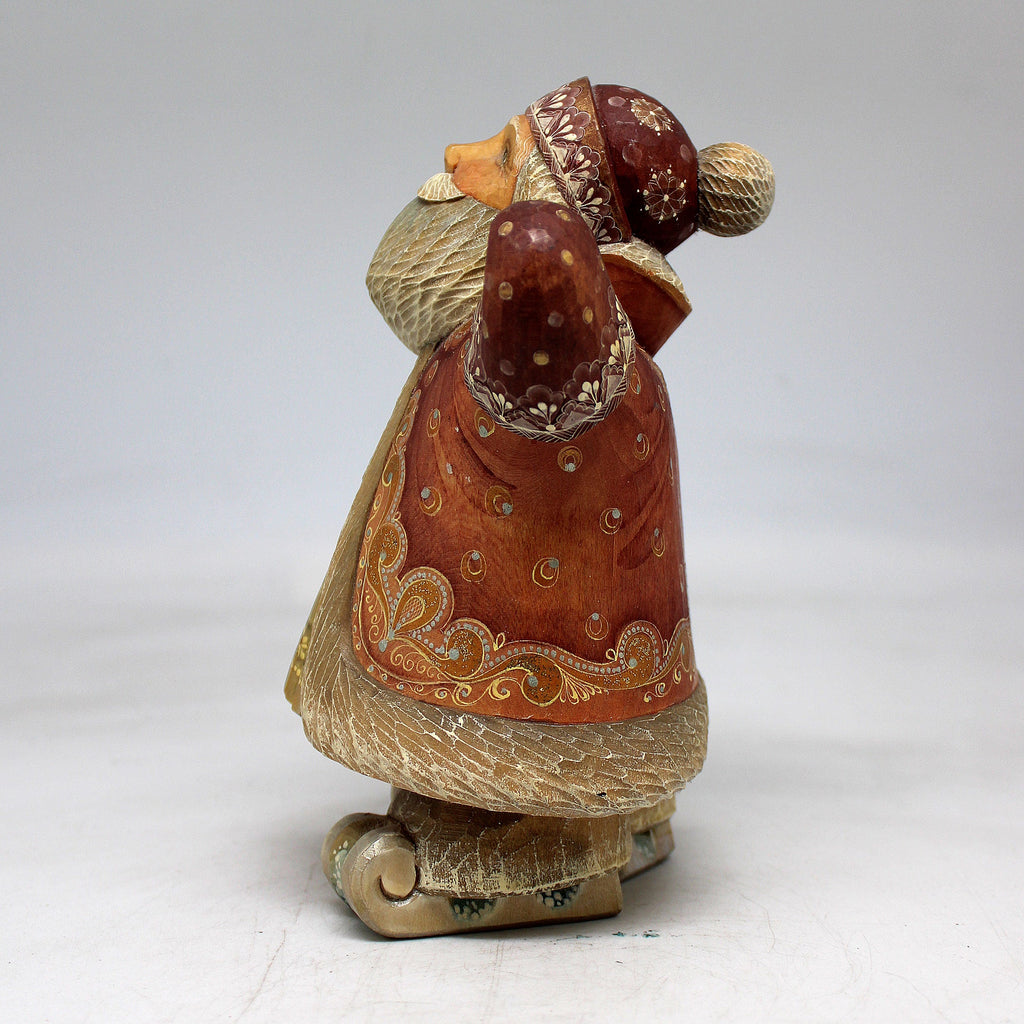 One-of-a-Kind Santa on Skis WOODCARVED Figurine 6.5x3.5x5 by GDeBrekht - Unique Handcrafted and Hand-Painted Collectible