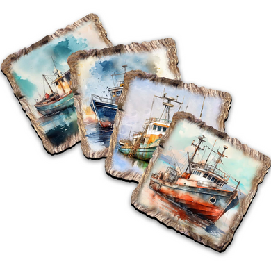 four square coasters with watercolor paintings of boats on them.