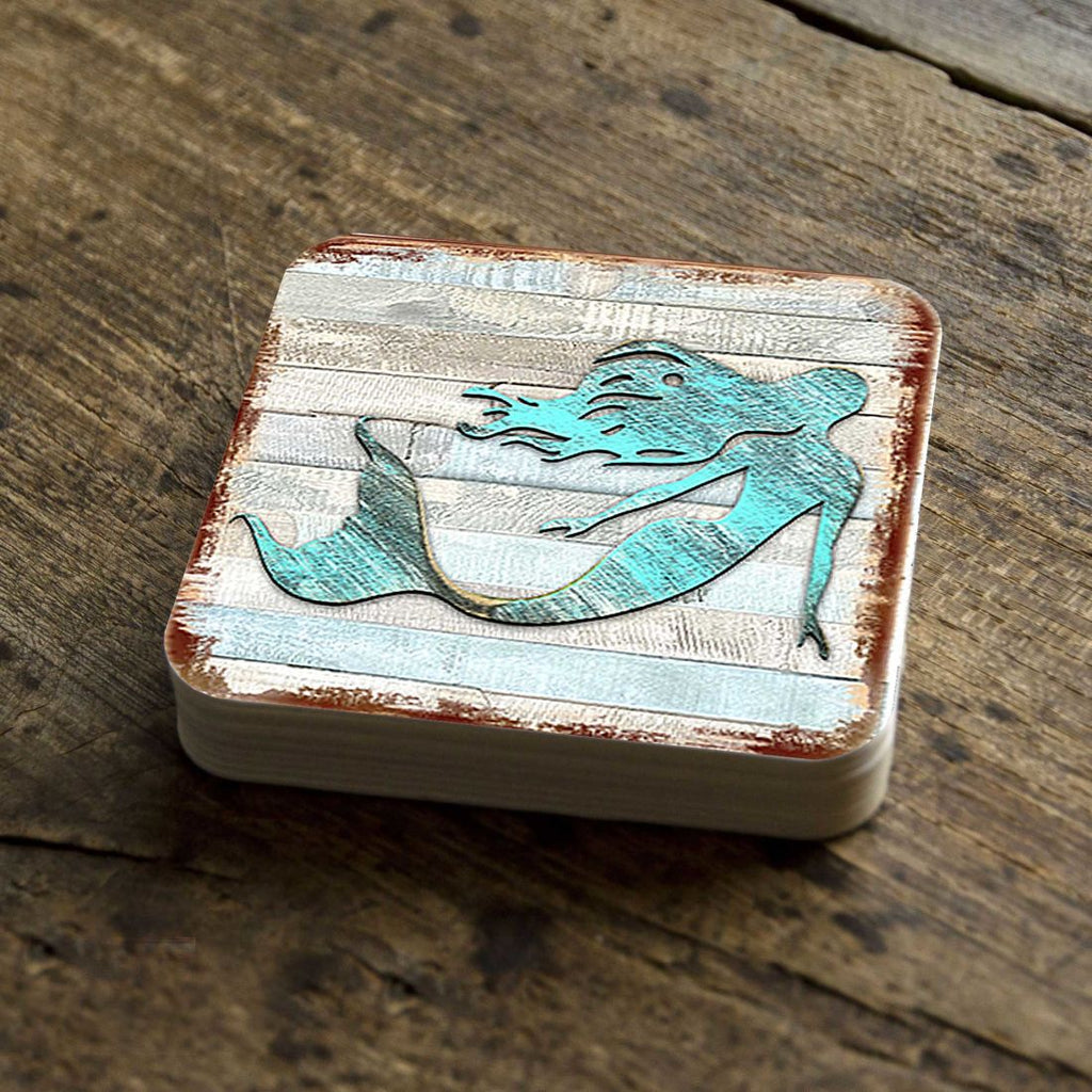 Mermaid Coastal Wooden Cork Coasters Gift Set of 4 by Nature Wonders - Coastal Sea-Life Decor - 8198514-9C-S4