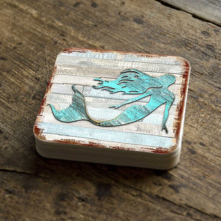 Mermaid Coastal Wooden Cork Coasters Gift Set of 4 by Nature Wonders - Coastal Sea-Life Decor - 8198514-9C-S4