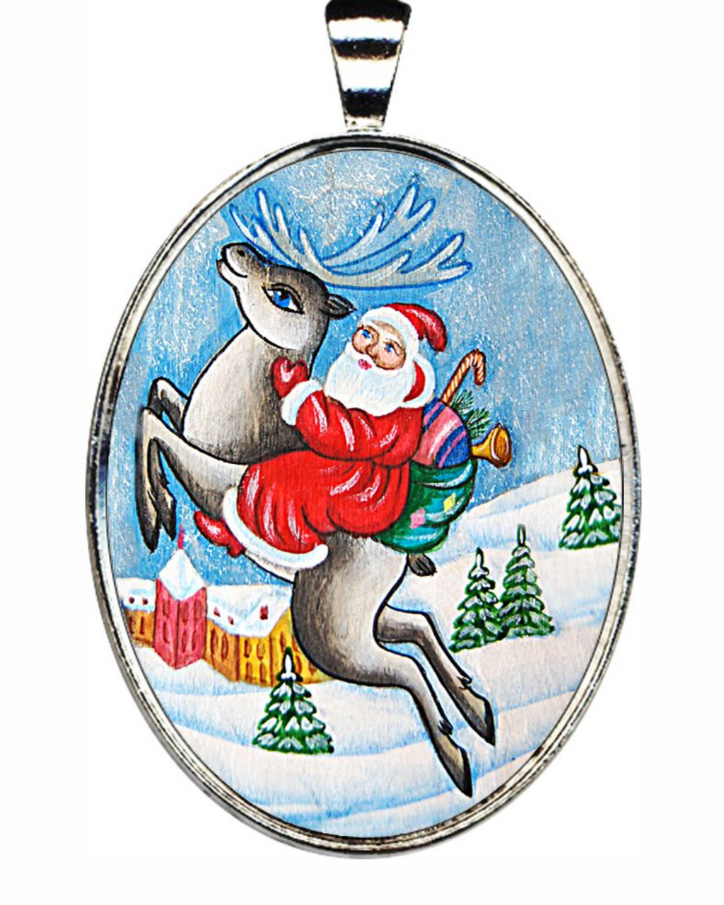 A pendant featuring a painted illustration of Santa Claus riding a reindeer through a snowy landscape with buildings in the background.
