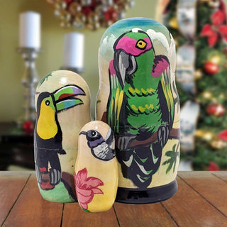 Parrot Matreshka Nesting Hand-Painted Doll Set of 3 by G. DeBrekht - Wildlife Holiday Decor - 14765