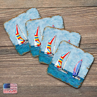 Sailboats Coastal Wooden Cork Coasters Gift Set of 4 by Nature Wonders - Coastal Sea-Life Decor - 95259C-S4