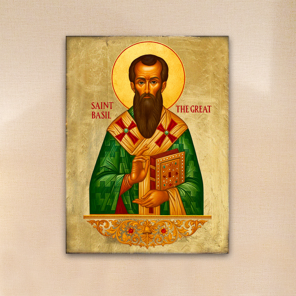 Saint Basil, a famous Russian Orthodox saint, wearing a green robe and holding a book.