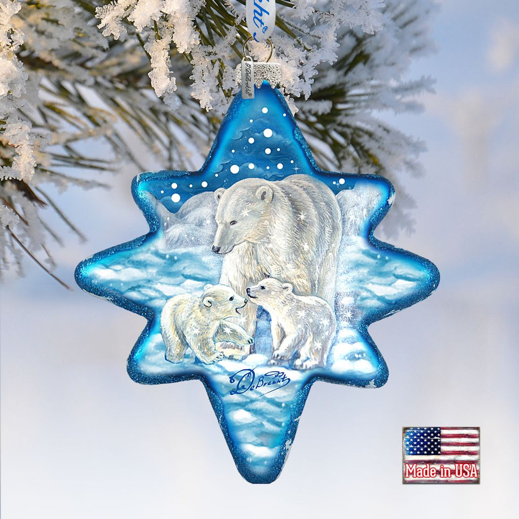 White Christmas Polar Bears North Star Glass Ornament by G. DeBrekht - Wildlife Holiday Decor - 755-012