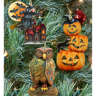 a Halloween-themed scene with a witch on a broomstick, a carved pumpkin, an owl, and a carved jack-o-lantern.