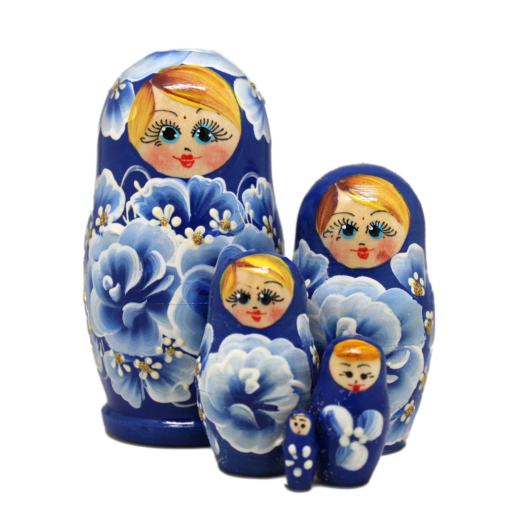 Fine China Blue Matreshka Nesting Hand-Painted Doll Set of 5 by G. DeBrekht - Christmas Decor - 140132-2