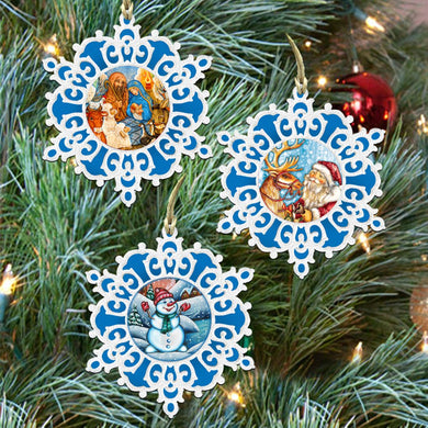 White Christmas Snowflakes Wooden Ornaments Set of 3 by G. DeBrekht - Christmas Santa Snowman Decor - 8100017S3