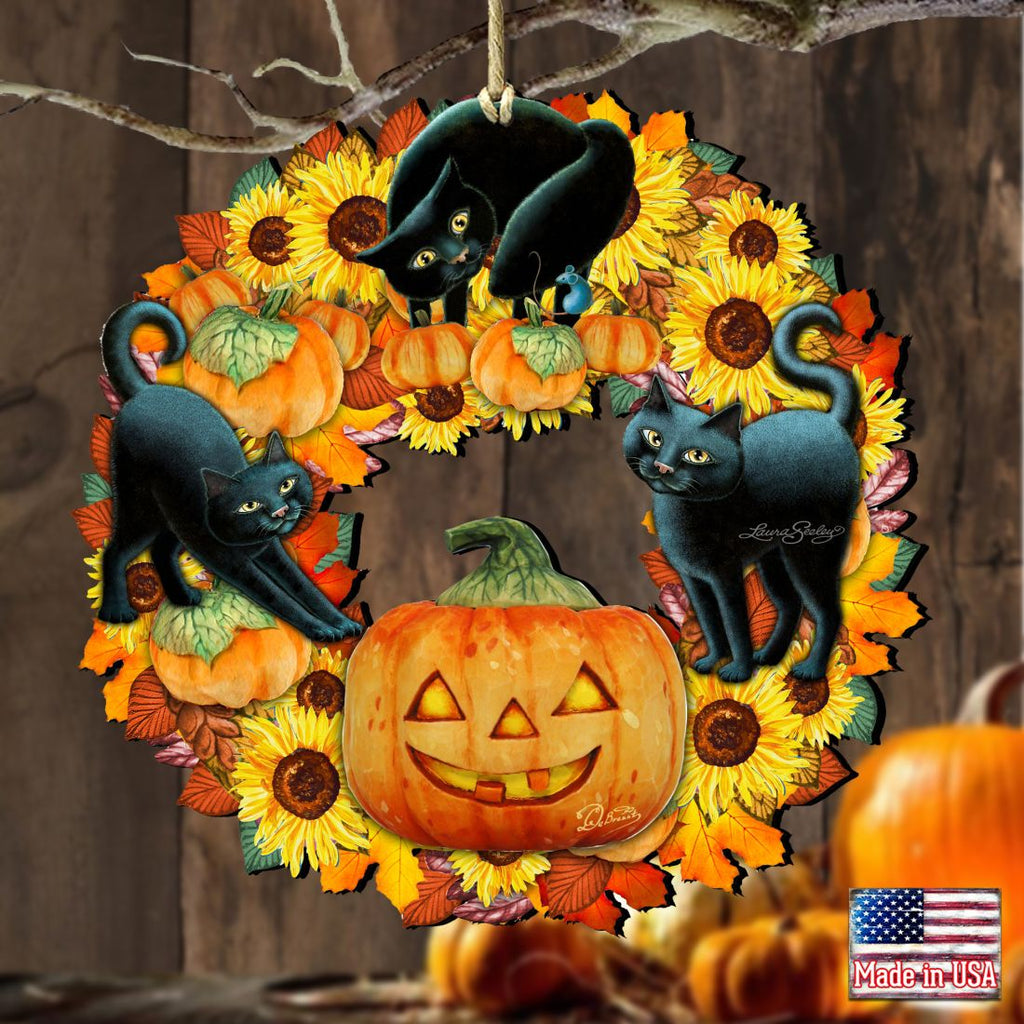 Halloween Cats Wreath Wooden Ornaments by G. DeBrekht - Thanksgiving Halloween Decor - 8185305-4-SL
